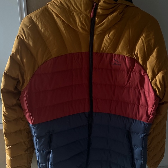 L.L. Bean Colorblock Down Hooded Jacket - Orange, Red, Blue - Picture 2 of 6